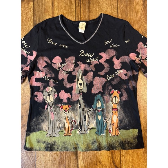 Jess & Jane Bow Wow Dog Graphic V-Neck Top 100% Cotton Black XL Made USA New - Picture 8 of 16